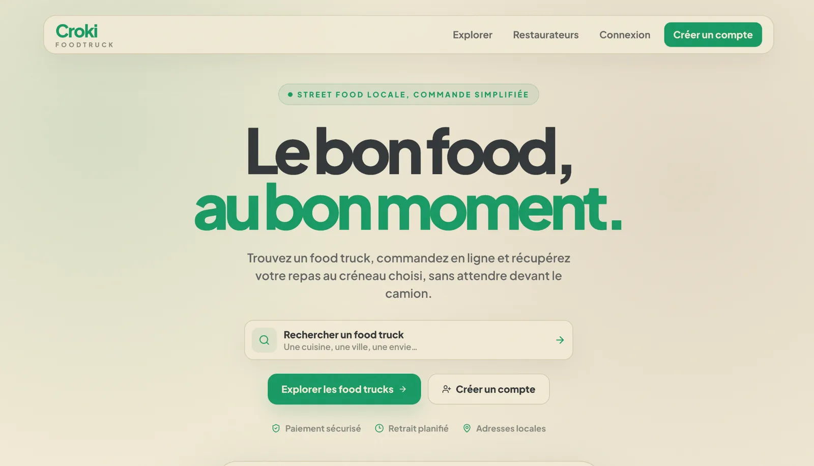 Prototype de l’accueil public Croki avec recherche locale et accès aux établissements à emporter